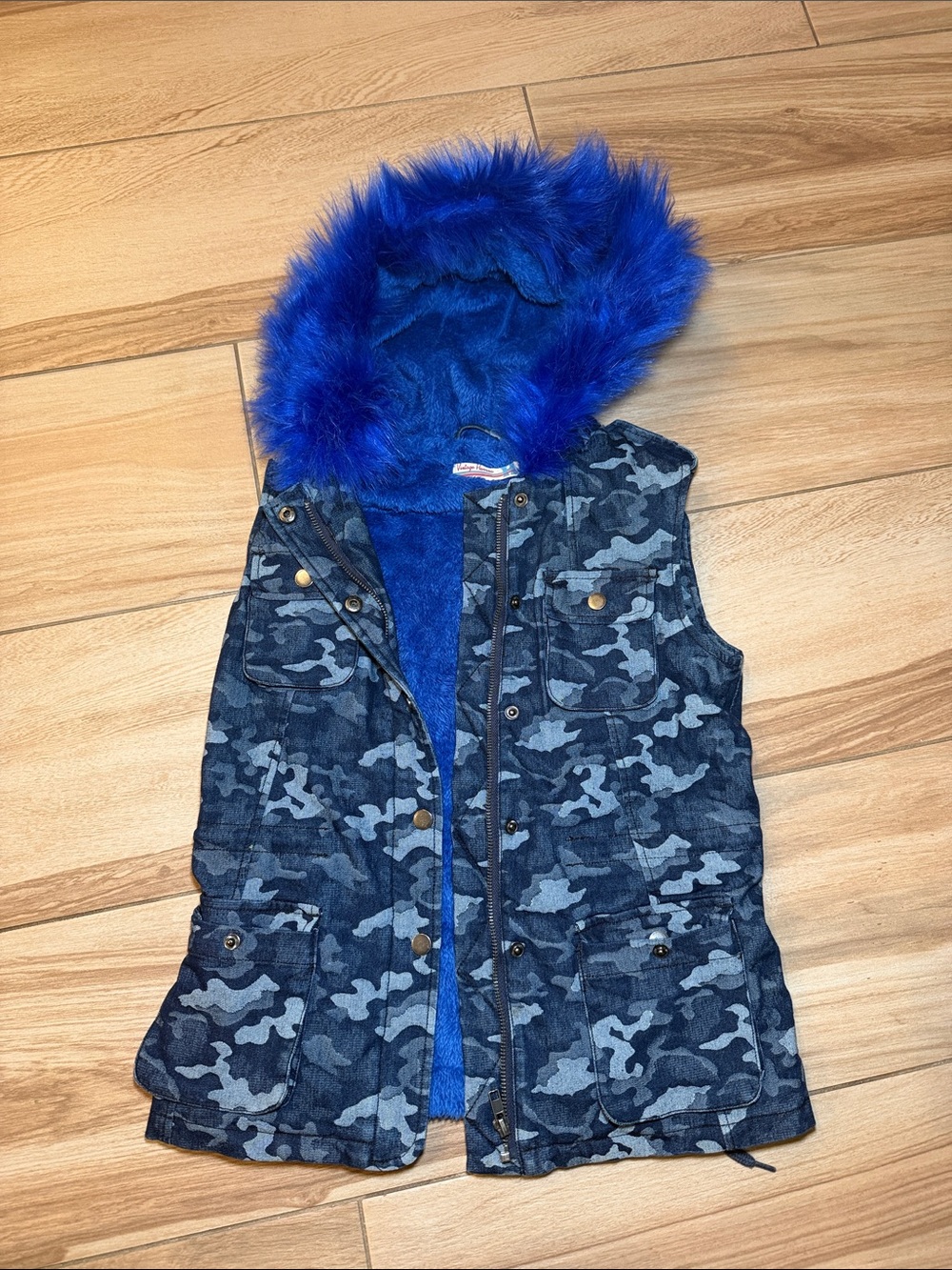 Girls' Blue vintage Havana Camo Hooded Vest with Faux-Fur Trim